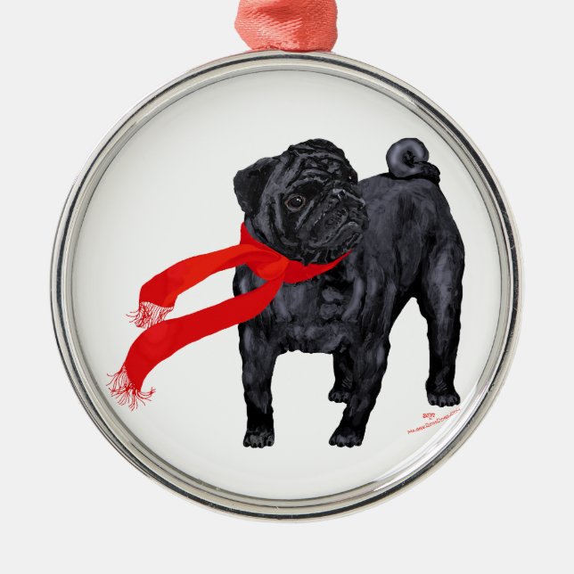 Ornamento De Metal Pugs com Cachecol Vermelho (Frente)