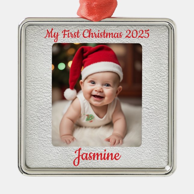 Ornamento De Metal Quadrado do Primeiro Natal do Bebê Personalizável (Frente)