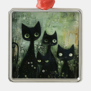 Ornamento De Metal Quatro Gatos Pretos com Margaridas em Cinza Misto