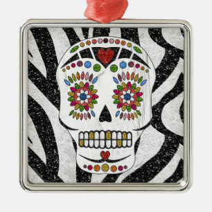 Ornamento De Metal RAB Rockabilly Açúcar Caveira em Estampa de Zebra