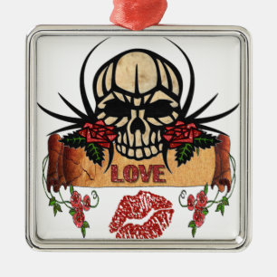 Ornamento De Metal RAB Rockabilly Caveira Rosas Amor Batom