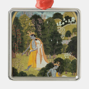 Ornamento De Metal Radha e Krishna que andam em um bosque