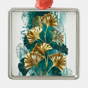Ornamento De Metal Ramo com folhas douradas Ginko Biloba