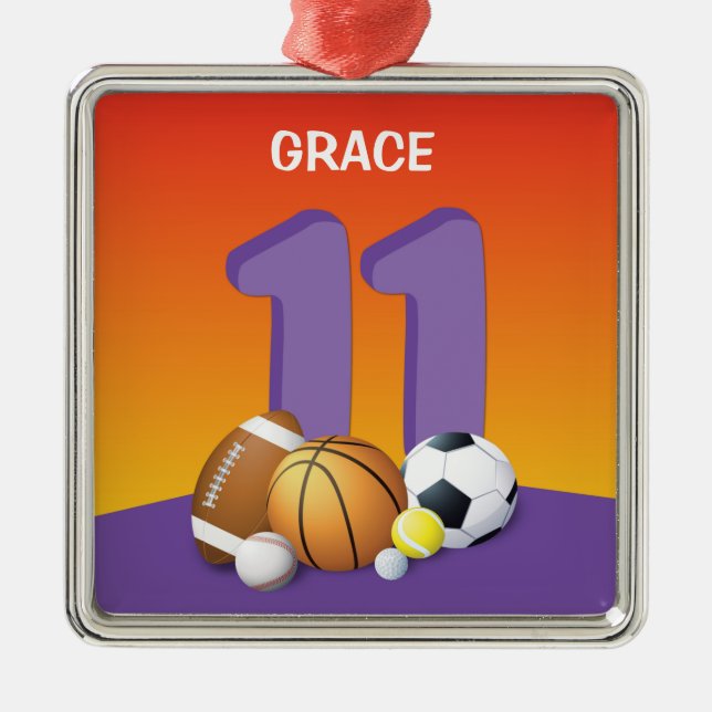 Ornamento De Metal Rapariga 11 Birthday Sports Balls (Frente)
