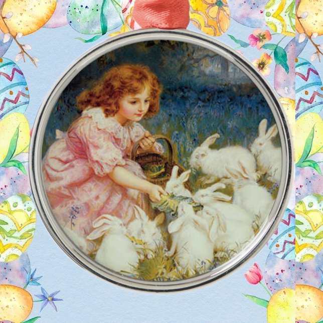 Ornamento De Metal Rapariga alimentando coelhos (Criador carregado)