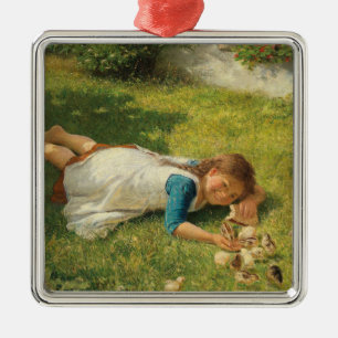 Ornamento De Metal Rapariga Brincando com Pintinhos (Galinha e Galinh