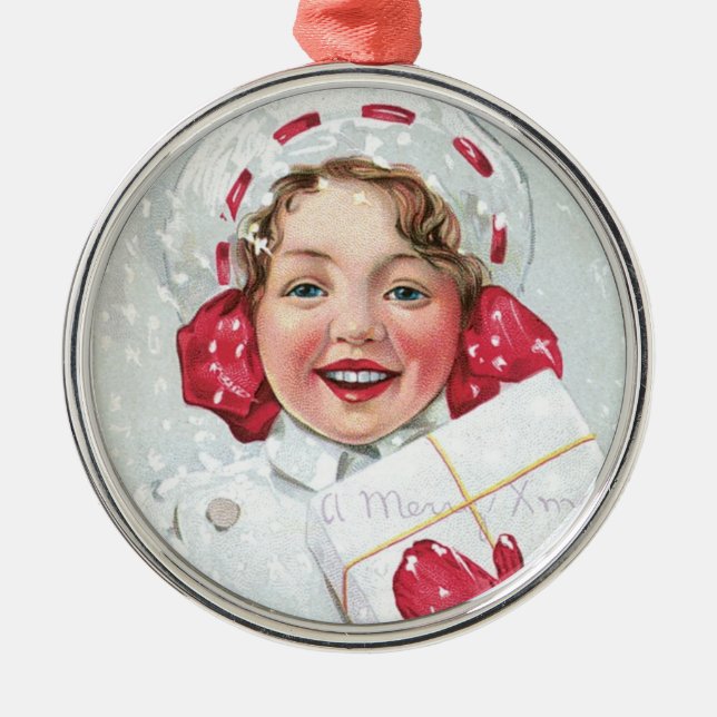 Ornamento De Metal Rapariga de Natal com Pacote (Frente)