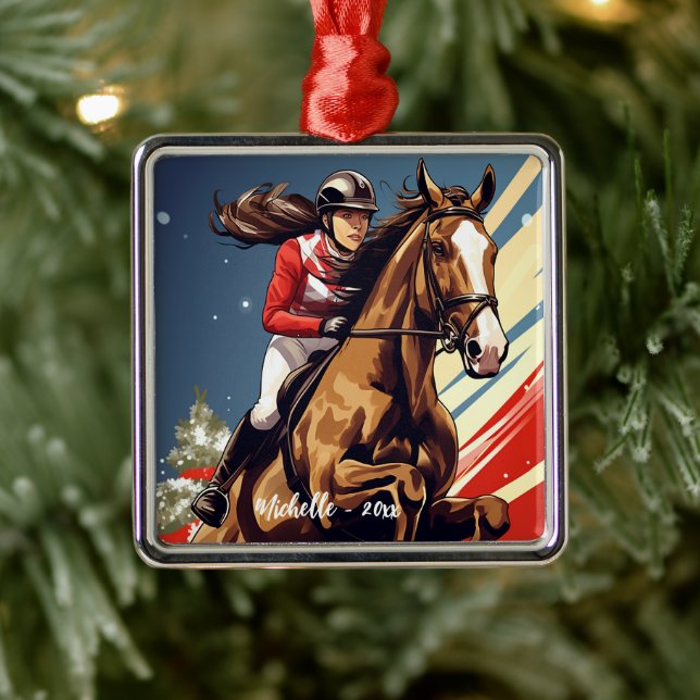 Ornamento De Metal Rapariga Personalizada e Cavalo Saltando no Natal (Árvore)