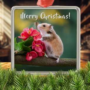 Ornamento De Metal Red Arthurium com Hamster Feliz Natal