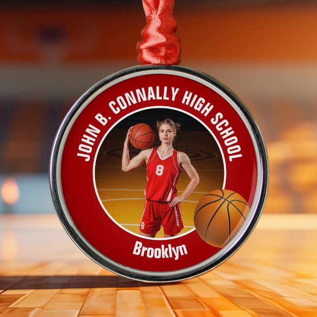 Ornamento De Metal Red Basketball Player Photo Christmas (Criador carregado)