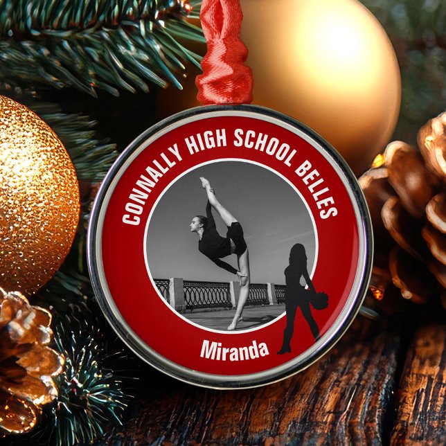 Ornamento De Metal Red Drill Team Photo High School Dancer Christmas (Criador carregado)