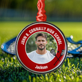 Ornamento De Metal Red Lacrosse Player Photo High School Christmas