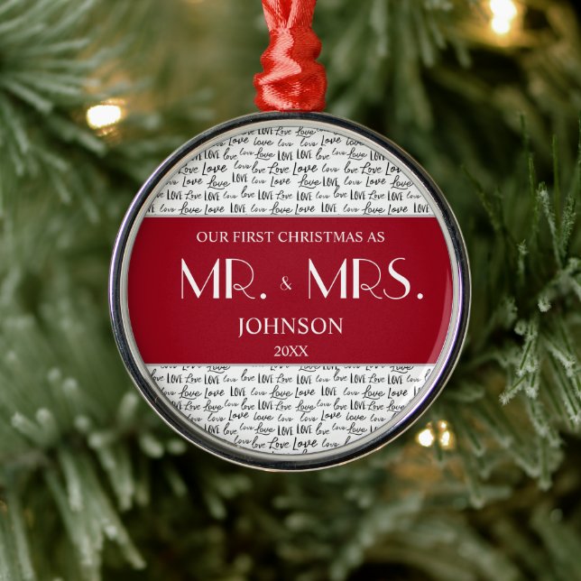 Ornamento De Metal Red Our First Christmas Sr. e Sra. Custom Newlywin (Árvore)