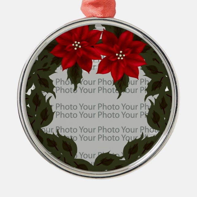 Ornamento De Metal Red Poinsettia Wreath Foto Encomenda Premium (Frente)