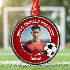 Ornamento De Metal Red Soccer Player Photo High School Christmas