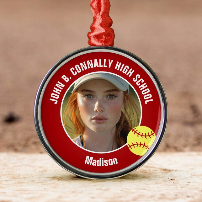 Ornamento De Metal Red Softball Player Photo High School Christmas (Criador carregado)