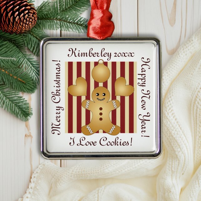 Ornamento De Metal Red Stripe Christmas Cookie Cute Gingercake Man (Criador carregado)