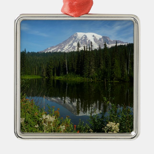 Ornamento De Metal Reflexo do Lago Monte Rainier com Flores Silvestre (Frente)