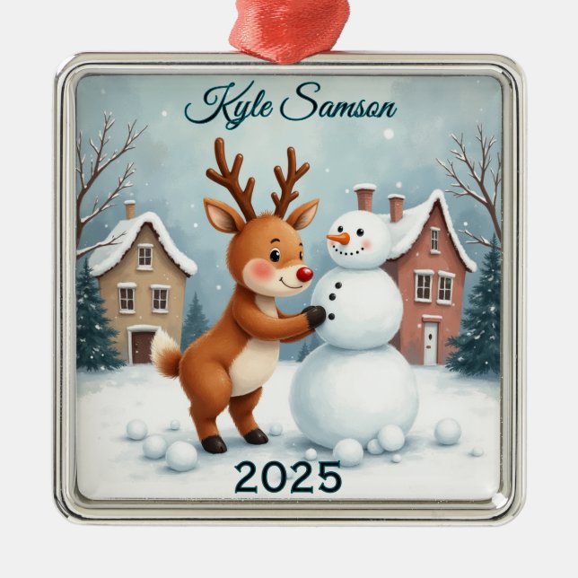Ornamento De Metal Reindeer Personalizado E Snowman (Frente)