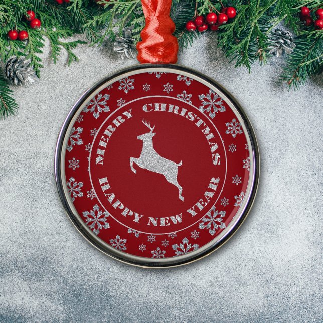 Ornamento De Metal Reindeer Prateado com Floco de Neve (Criador carregado)