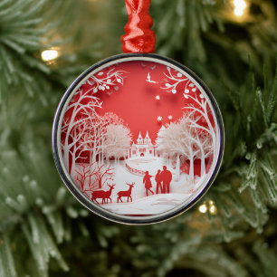 Ornamento De Metal Reindeers 3D e Pessoas na aldeia