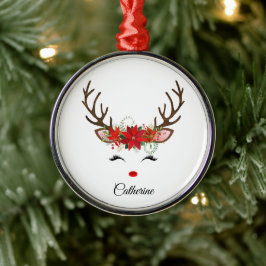 Ornamento De Metal Rena de Natal Floral Personalizada Nome