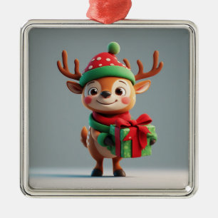 Ornamento De Metal Rena de Natal Fofo Segurando uma Caixa de Presente