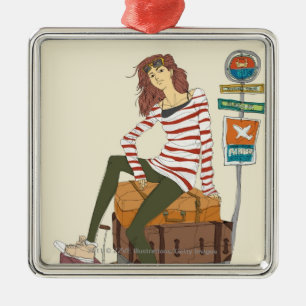 Ornamento De Metal Retrato da jovem mulher que senta-se na mala de
