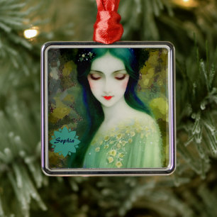 Ornamento De Metal Retrato da Mulher Fantasia Elegante em Verde e Azu