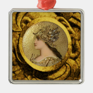 ORNAMENTO DE METAL RETRATO DE ATHENA COM CAPACETE DOURADO E GRYPHONS