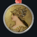 ORNAMENTO DE METAL RETRATO DE ATHENA COM CAPACETE DOURADO E GRYPHONS<br><div class="desc">Design azul elegante do monograma da pedra de gema da safira 3D com a miniatura de Nouveau da arte do esmalte do ouro.: Athena. Enfeites de natal artísticos do feriado, </div>