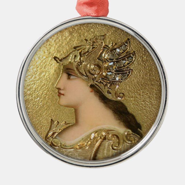 ORNAMENTO DE METAL RETRATO DE ATHENA COM CAPACETE DOURADO E GRYPHONS (Frente)