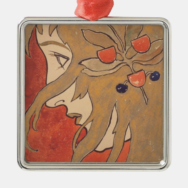 Ornamento De Metal Retrato de uma Bela Mulher em Vermelho (Art Nouvea (Frente)