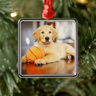 Ornamento De Metal Retriever ouro Com Brinquedo De Basquete