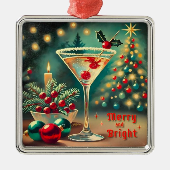 Ornamento De Metal Retro Anos 50 Coquetel Martini de Natal Alegre e R (Frente)