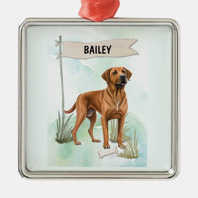 Ornamento De Metal Rhodesian Ridgeback Watercolor Personalized Dog (Frente)