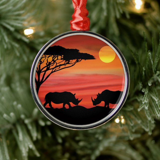 Ornamento De Metal Rinocerontes no Serengeti Africano (Árvore)