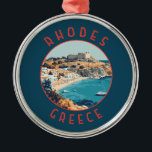 Ornamento De Metal Rodes Grécia Círculo Retrovisso<br><div class="desc">Rodes retro vetor viagem design. Rodes,  a maior das ilhas Dodecanesas da Grécia,  é conhecida pelas suas zonas de praia,  e ruínas antigas.</div>