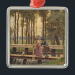 Ornamento De Metal Romântica (por Edmund Blair Leighton)<br><div class="desc">Este design apresenta uma pintura do artista inglês Edmund Blair Leighton (1852-1922). Mostra um homem e uma mulher tendo um encontro romântico numa ponte remota de madeira que atravessa um rio. Eles estão secretamente se namorandos, longe dos olhares aterradores da família e dos amigos. A senhora e o cavalheiro estão...</div>