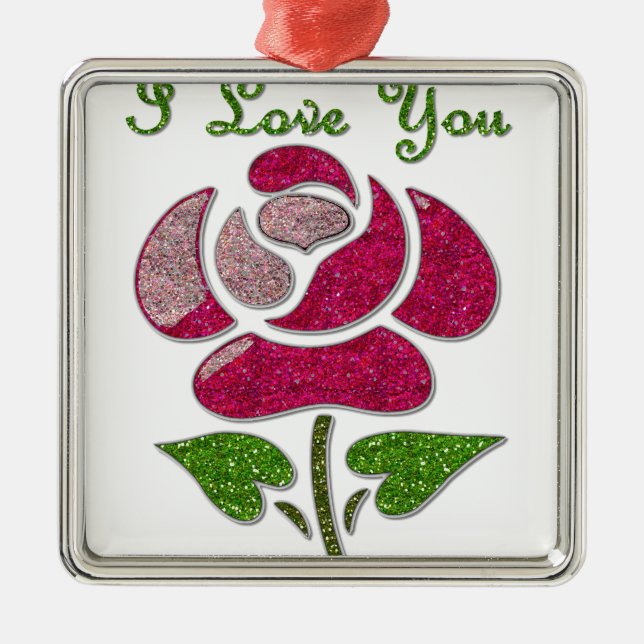 Ornamento De Metal Rosa De Estêncil Rosa Eu Te Amo (Frente)