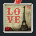 Ornamento De Metal Rosa de Paris | do vintage<br><div class="desc">Imagem da torre Eiffel do vintage em Paris,  France. Uma carta de amor francesa velha é desvanecida no fundo.</div>