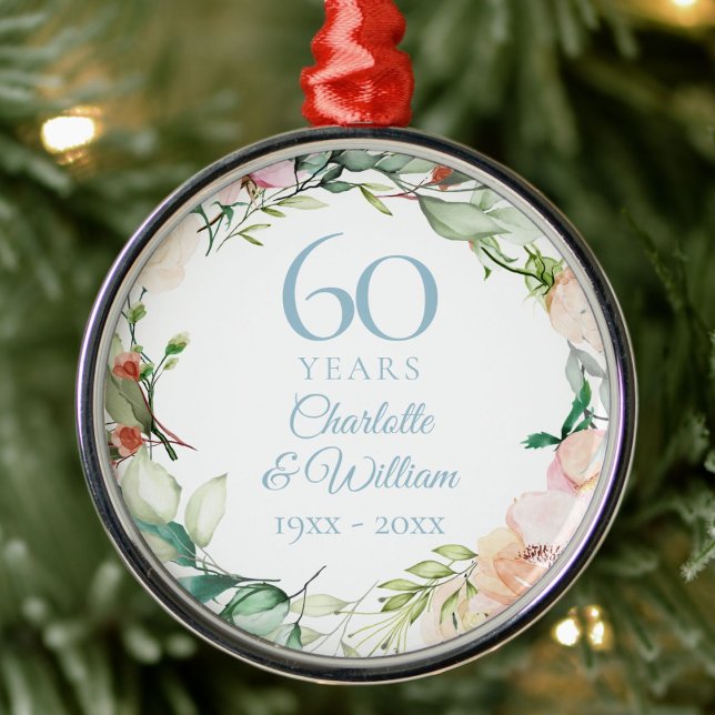 Ornamento De Metal Rosa Floral Garland 60º aniversário de casamento (Roses Floral Garland 60th Wedding Anniversary Metal Ornament)