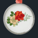 Ornamento De Metal Rosa vermelha e margaridas<br><div class="desc">Belo e colorido buquê de flores,  rosa vermelha e margaridas brancas.</div>