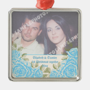 Ornamento De Metal Rosas azuis Vintage, primeira foto de Natal