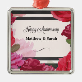 Ornamento De Metal Rosas de Aniversário de Casamento, Stripes, Nomes 