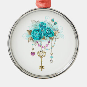 Ornamento De Metal Rosas Turquesas com Chaves