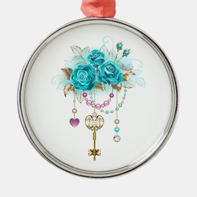 Ornamento De Metal Rosas Turquesas com Chaves (Frente)