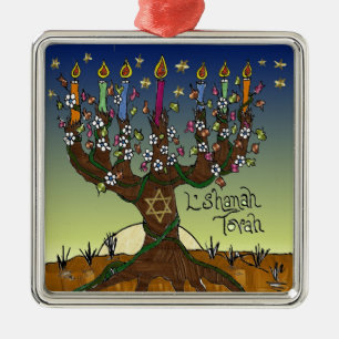 Ornamento De Metal Rosh Hashanah L'Shanah Tovah Menorá Árvore da Vida