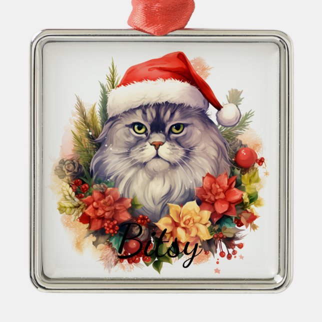 ORNAMENTO DE METAL ROSTO DE GATO FERIADO NATAL FLUFFY (Frente)