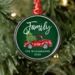 Ornamento De Metal Roteiro de Pincel da Família Vintage Red Truck Gre<br><div class="desc">Manuscrito em Pincel Moderno com Vintage Red Truck com Árvore de Natal - Ornamento Familiar</div>